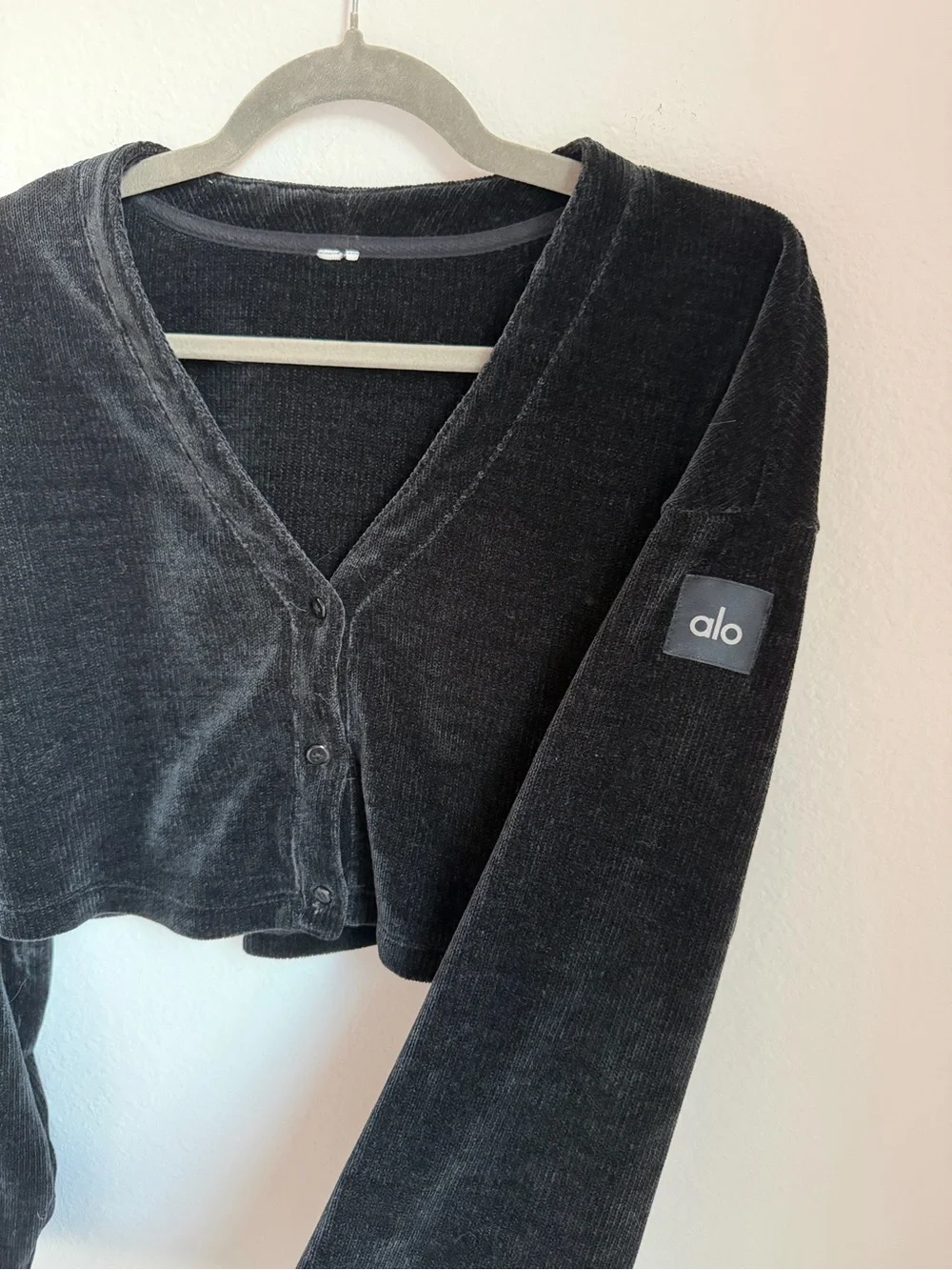 Alo Chenille Chalet Set Black Velour Button-Up Cardigan and Pants